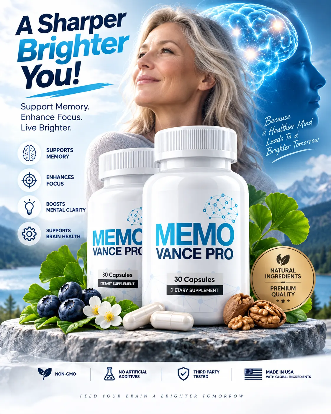 Memovance PRO supplement bottles — Memory, Focus and Mental Clarity Formula, 30 capsules, non-stimulant cognitive wellness support
